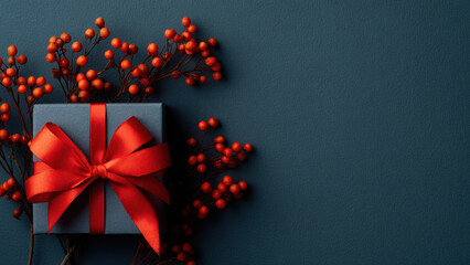 Elegant Red Ribbon Gift Box on Glitter Background for Christmas and Holiday Celebrations