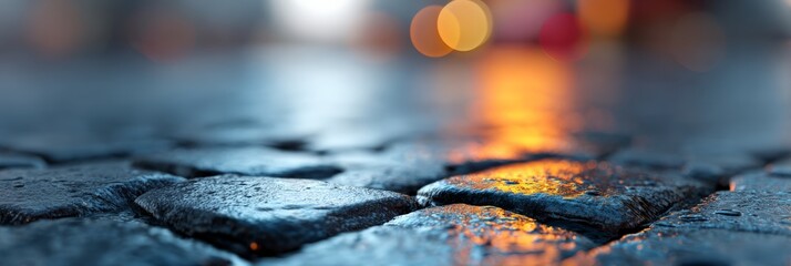 Wet cobblestone streets reflecting warm city lights at dusk, creating a captivating urban atmosphere filled with tranquility and a cozy mood, inviting contemplation and serenity