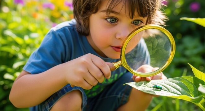 Close-up of curious child exploring nature with magnifying glass while studying small insect on leaf in green garden