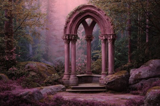 A pink stone Gothic archway gazebo nestled within a misty, purple-hued forest, surrounded by moss-covered rocks and flowering bushes - Powered by Adobe