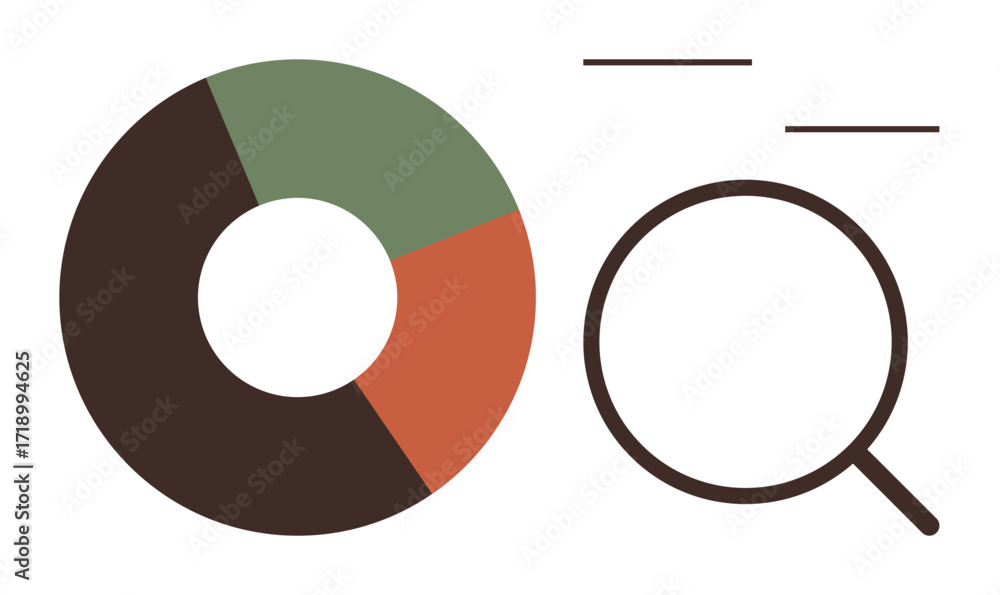 Poster circular data chart split into segments next to magnifying glass with lines symbolizing research. id