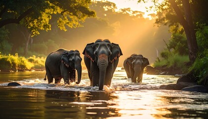 Elephants walk through shallow river at sunset