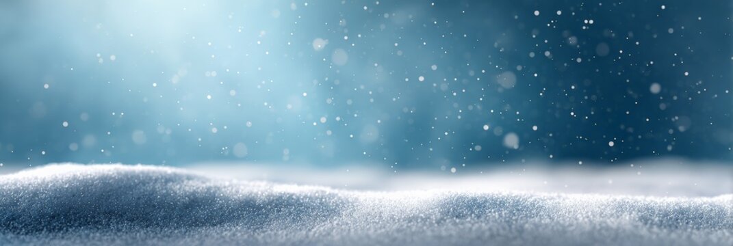Snow gently falling on a pristine layer of fresh snow creates a magical winter wonderland, ideal for christmas and winter themed projects, evoking a serene and festive atmosphere