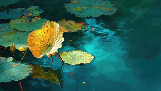 Vibrant yellow and green lotus flower blossoms atop teal water, surrounded by lily pads, reflecting light and ripples