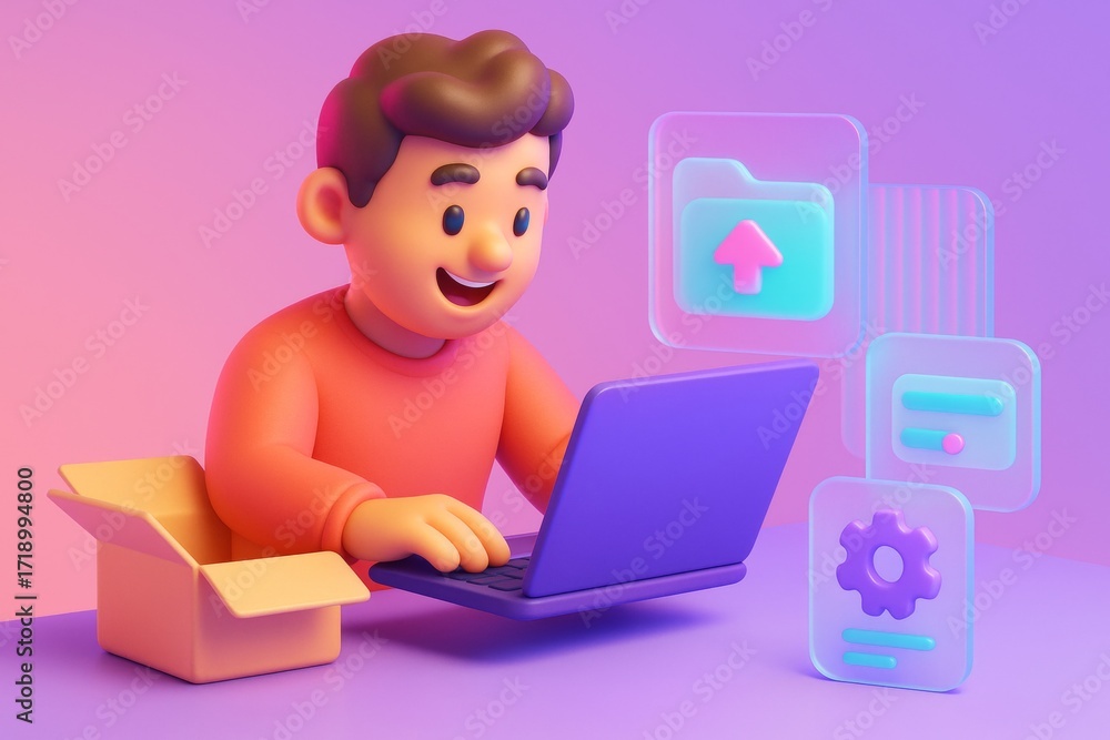 Poster cheerful character using laptop with digital folder and settings icons in colorful tech environment 