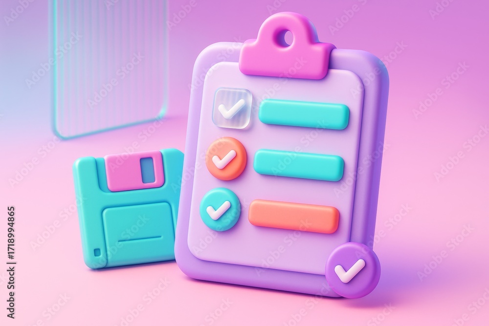Aufkleber colorful 3d clipboard with checklist and floppy disk on soft gradient background representing digita
