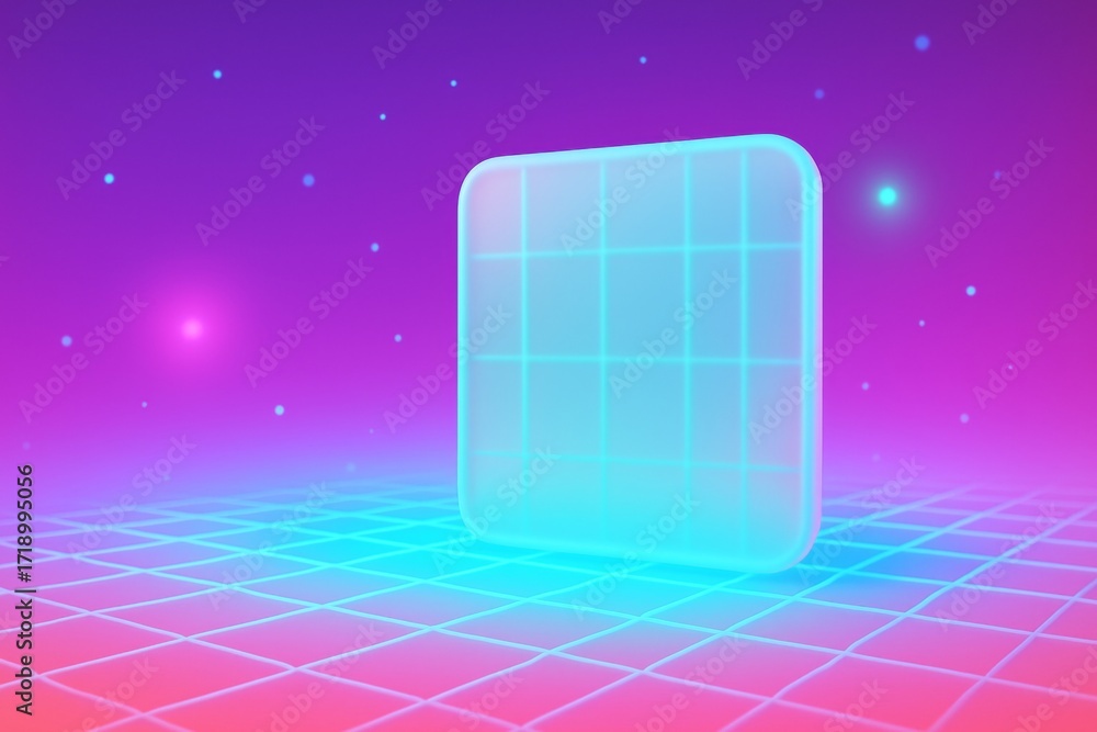 Aufkleber abstract futuristic mockup layout with glowing grid and floating translucent square on neon gradient