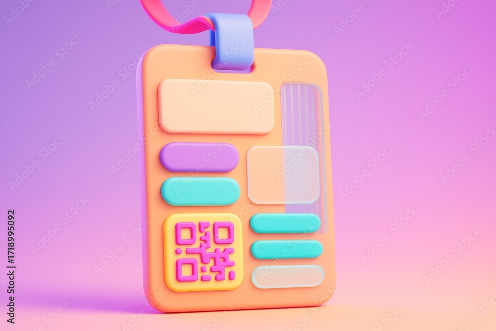 Poster colorful id badge mockup with qr code and abstract shapes on vibrant gradient background for creativ