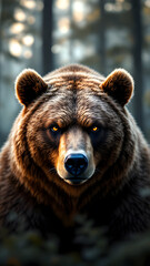 A close up portrait of a brown bear with glowing eyes standing in a blurred forest backdrop view
