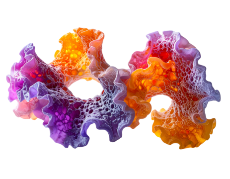 Two abstract, biomorphic forms interlock, exhibiting a lace-like texture and vibrant orange, purple, and yellow hues