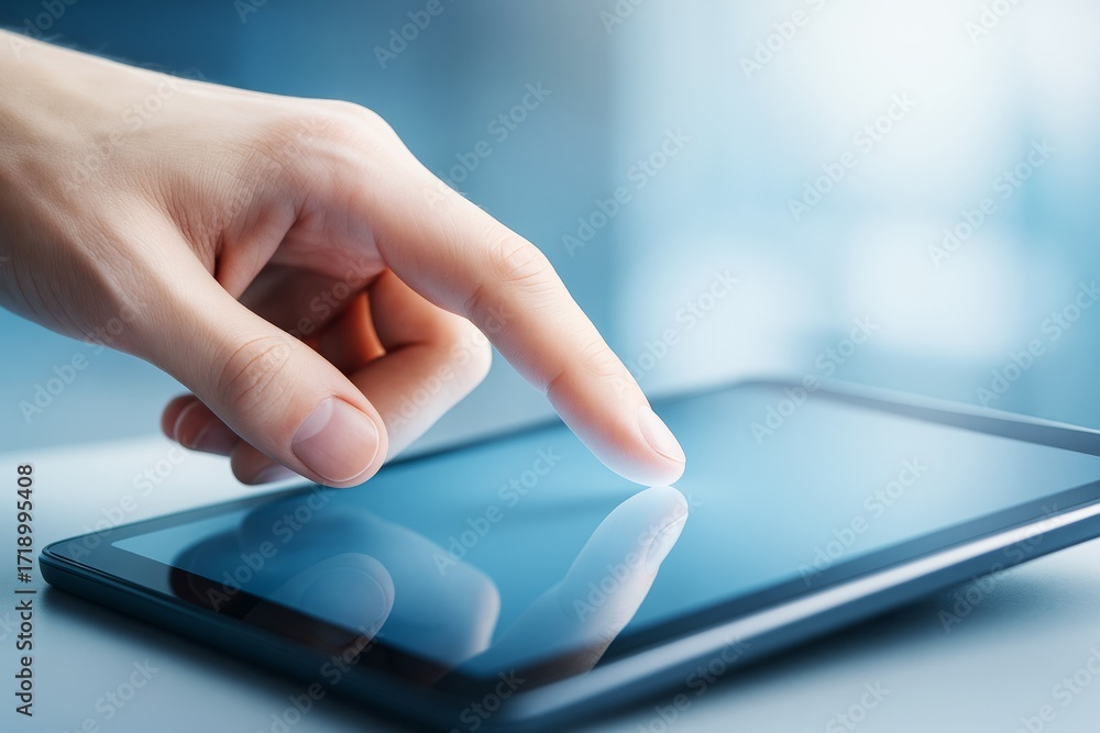 Poster close-up of hand interacting with tablet touchscreen in soft light on tech-inspired background, emph