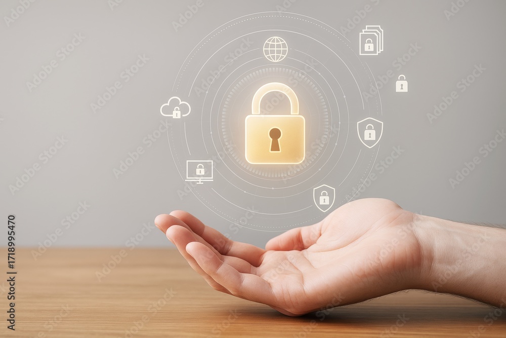 Poster hand holding glowing padlock hologram with digital network security icons on soft background, symbol