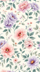 Obraz premium A seamless pattern featuring pastel colored flowers and green leaves on a light background design art