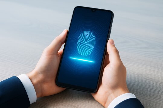 Businessman holding smartphone with glowing fingerprint authentication on screen in modern office setting, symbolizing biometric security technology.