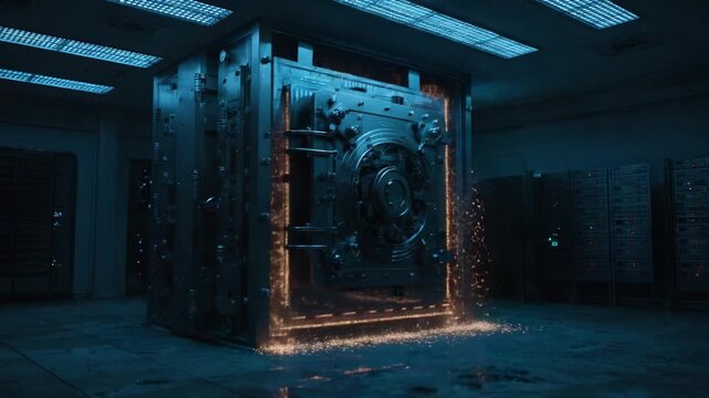 Powerful explosion blowing up a massive steel bank vault door in a secure room, with fiery sparks flying everywhere. Concept of bank robbery, financial crime, and successful heist