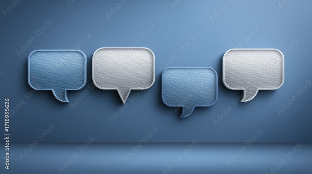 Poster communicating through speech bubbles, a visual representation of dialogue and conversation on blue b