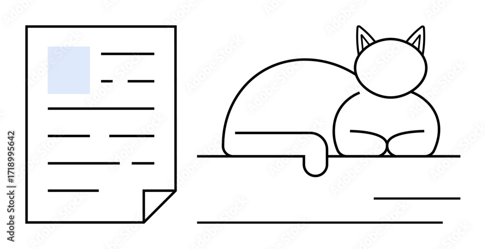 Poster document with text beside a resting cat on a shelf in minimal line art style. ideal for productivity
