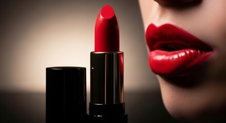 Obraz premium Bold red lipstick with matching pout, perfect for a glam look or beauty campaign showcasing vibrant color and feminine allure in modern cosmetics