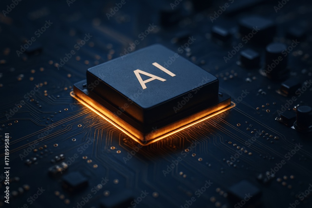 Poster ai microchip glowing with orange light on dark circuit board background, symbolizing advanced artifi