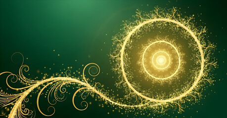 Beautiful Golden Spiral Design Featuring Floral Elements Set Against a Green Background