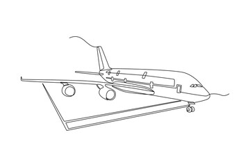 Obraz premium Continues line of airplane ready for takeoff at runway Single line drawing vector graphic design illustration