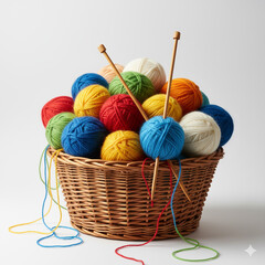 yarn and knitting needles in a basket