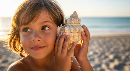 Close-up of curious child listening to seashell at beach with amazed expression and soft sunlight in background