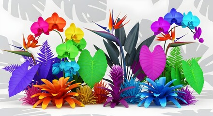Vibrant Tropical Flower Arrangement with Exotic Plants – Colorful Botanical Design, Fantasy Garden, High-Resolution 3D Render