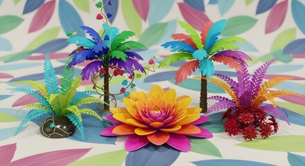 Colorful Fantasy Garden with Paper Art Plants – Whimsical Decor, Tropical Design, High-Resolution 3D Render