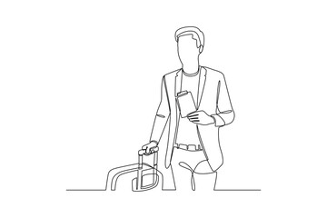 Continues line of businessman traveler with suitcase and ticket, Single line drawing vector graphic design illustration