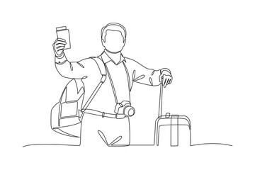 Continues line of tourist man holding passport and suitcase Single line drawing vector graphic design illustration