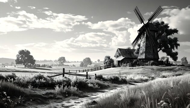 Black and white rural landscape - Powered by Adobe