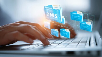 Document management system DMS. Folder structure and classification system. File and folder icons. Businessman using laptop computer for controlling document versions. - Powered by Adobe