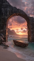 Sunset Through Ancient Arch On Rocky Beach With Wooden Boat