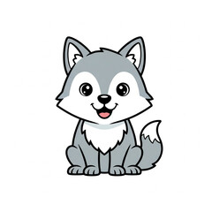 Obraz premium Adorable cartoon wolf cub sitting happily with a friendly smile and big, expressive eyes, perfect for children's content and playful designs