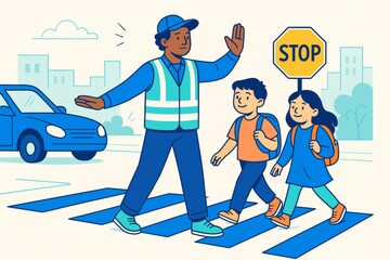 School crossing guard helps children safely cross the street on a city crosswalk with a light background and safety concept focus. Ai generative