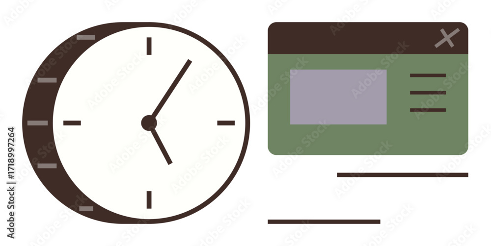 Poster analog clock and interface window symbolizing scheduling, time tracking, productivity tools, and tas