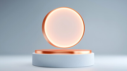 Futuristic product display with a levitating glowing disc above a textured pedestal. Minimalist design, warm lighting, ideal for tech branding and luxury concept presentations.