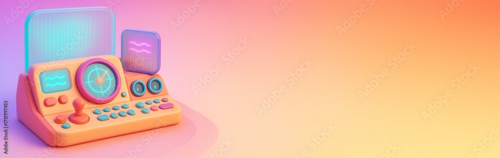 Poster futuristic control panel with radar and joystick on vibrant gradient background for technology banne