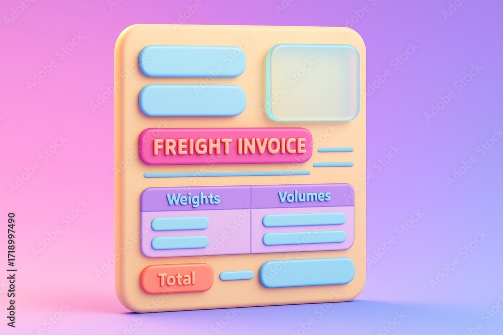 Poster colorful freight invoice mockup display with pastel 3d interface elements on vibrant gradient backgr