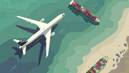 Obraz premium High-angle view of an airplane and two cargo ships near a sandy beach, illustrated in a vibrant, stylized manner