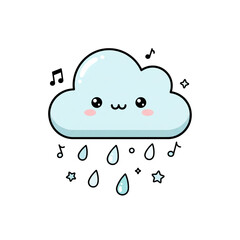 Adorable kawaii cloud sings a cheerful rain song with musical notes and falling raindrops, perfect for playful designs