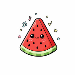 Adorable kawaii watermelon slice with cute happy face and musical notes, perfect for summer fun and cheerful designs