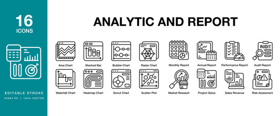 Analytic and Report icon set. Includes business, graph, report, analysis, analytics and More. Editable Stroke Icon Collection.