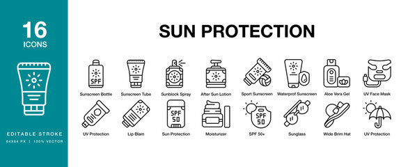 Sun Protection icon set. Includes protection, sun, sunscreen, summer, cream and More. Editable Stroke Icon Collection.