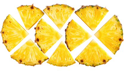 Geometric pineapple slices arranged in a circular pattern.  Bright yellow flesh, radiating detail