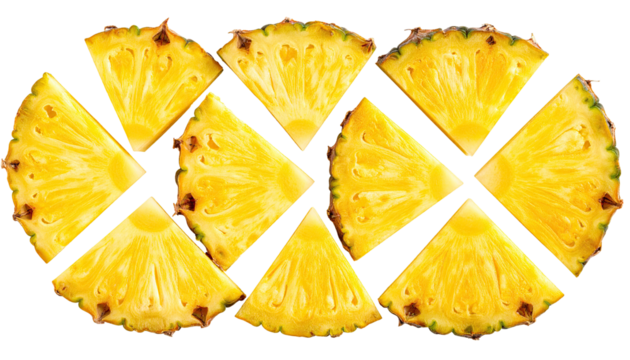 Geometric pineapple slices arranged in a circular pattern.  Bright yellow flesh, radiating detail