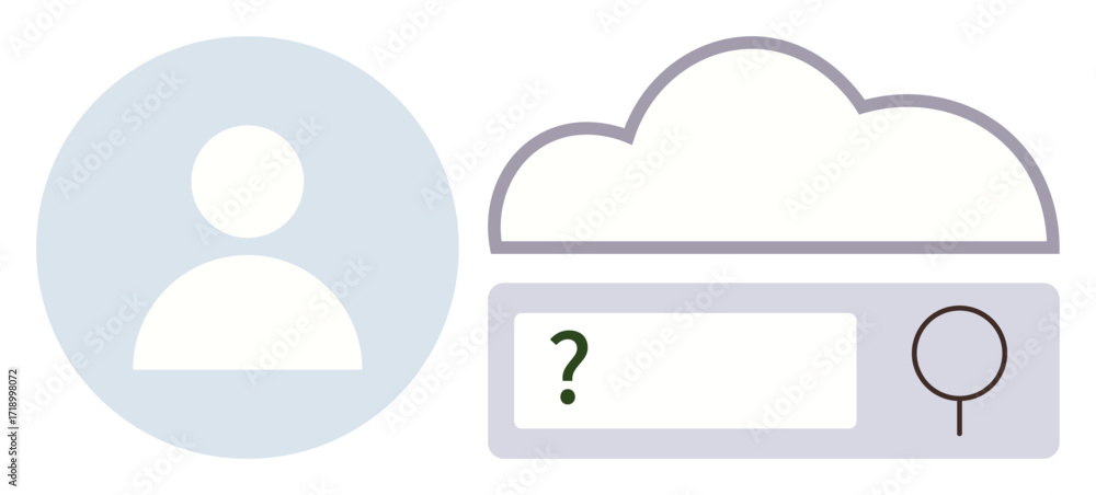 Poster user icon beside cloud and search bar with question mark and magnifying glass. ideal for concepts th