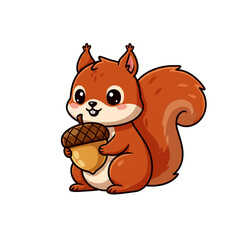 Adorable cartoon squirrel with big eyes happily holding a ripe acorn, perfect for autumn themes and children's content