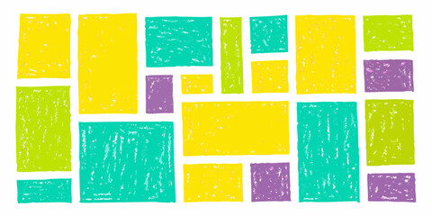 Colorful hand drawn rectangles and squares in yellow green teal and purple on white background